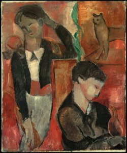 Deux enfants, un chat et un oiseau